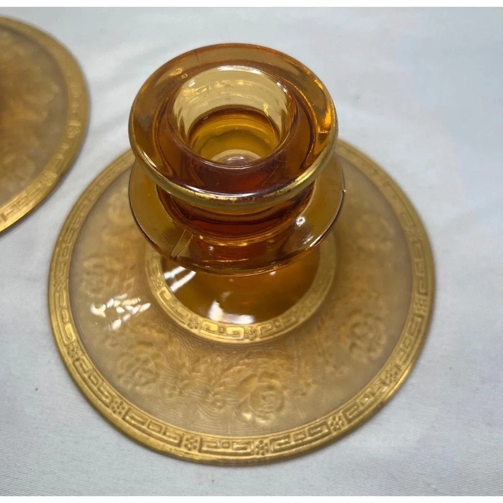Vintage Amber Glass Candlestick Holders Pair Etched Rose Gold Greek Key 3.5